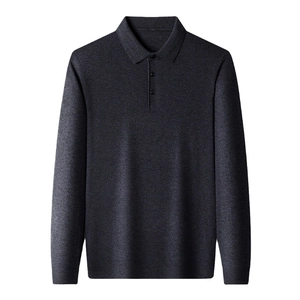 Men's dark grey knit polo sweater with three-button collar and ribbed texture