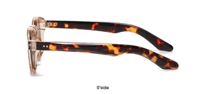 Side view of tortoise shell sunglasses frames with amber texture and silver metal hinges
