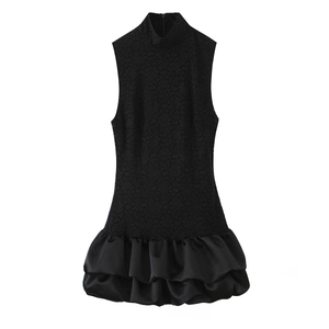 Black Mini Dress Lace Patchwork Satin Sleeveless High Neck Ruffle Hem Sexy Evening Party For Women