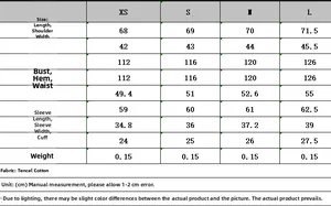 Detailed size guide table for women's long sleeve casual shirt in various sizes