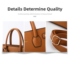 Detailed macro view of brown lychee grain leather, gold hardware, and stitching on handbag