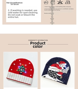Detail view of festive LED Christmas beanies showing sizes, colors and washing care icons