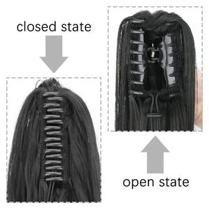 Black ponytail hair extension with claw clip showing both open and closed states