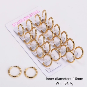 Detailed view of 16mm gold stainless steel hoop earrings set with size and weight info
