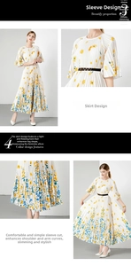 Detail van de witte geplooide maxi-jurk met bloemenprint, klokmouwen en een ceintuur