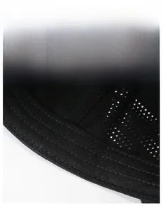 Detail of wide sweatband and breathable mesh on a black baseball cap with fine stitching