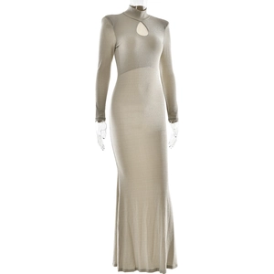 Detail of elegant champagne knit maxi dress with a hollow-out neckline and high-collar design