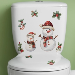 Christmas snowman and holly berry leaf stickers for bathroom toilet tank decoration