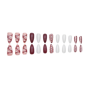 24-piece press-on nail set in deep wine red and cream pink almond shape