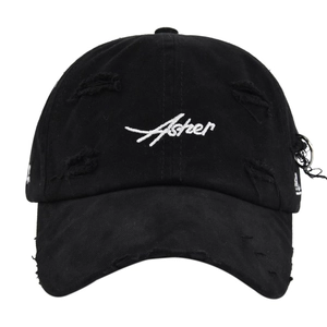 Distressed black baseball cap with white Asher embroidery and metal ring details