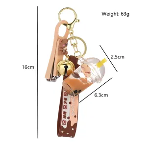 Acrylic bubble tea bear keychain with liquid quicksand pendant and silicone wrist strap