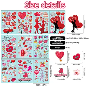 Size chart for Valentine static window clings with PVC material and UV printing dimensions