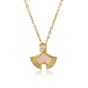 Golden ginkgo leaf necklace with shell and zircon inlays on white background
