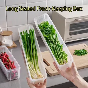 Transparent Plastic Long Rectangular Refrigerator Food Storage Box With Sealing Lid For Scallion Coriander Vegetable Stackable Container
