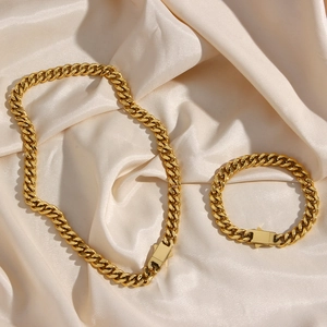 Stainless Steel Cuban Link Chain Necklace And Bracelet Hip Hop Retro Chunky Jewelry For Women Gold Plated Box Clasp