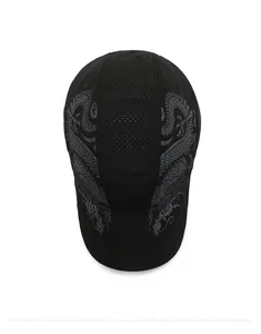 Top view of black quick-dry cap with grey dragon print and breathable mesh vents