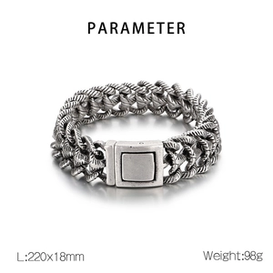 Détail du bracelet chaîne dragon argenté rétro avec dimensions de 220x18mm pour homme