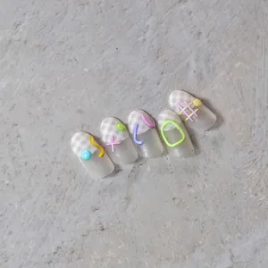 Detail of 3D colorful geometric jelly nail art stickers with matte plaid patterns