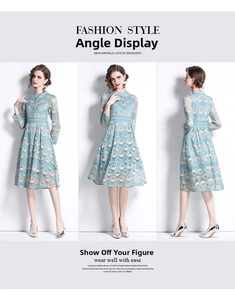 Detailed front, side and back view of light blue lace embroidered A-line dress