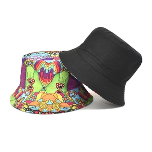 Psychedelic mushroom print and solid black cotton fisherman bucket hat for women