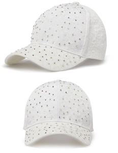 Close-up of white lace baseball cap featuring floral embroidery and colorful rhinestones