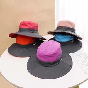 Detail of wide brim sun hats in multiple colors with breathable mesh and quick-dry fabric