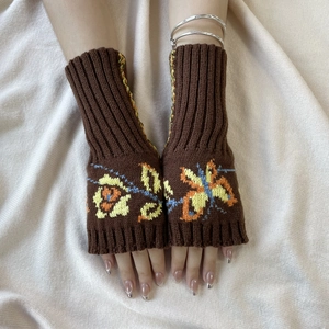 Butterfly Flower Jacquard Knitted Fingerless Gloves Long Acrylic Warm Arm Sleeves With Thumb Hole Winter Outdoor For Women