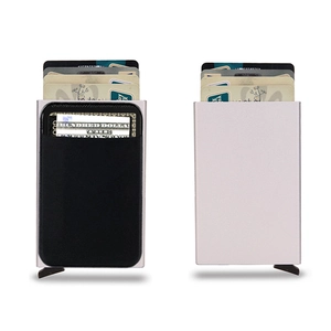Detail view of silver RFID aluminum card holder with back elastic pocket for cash and cards