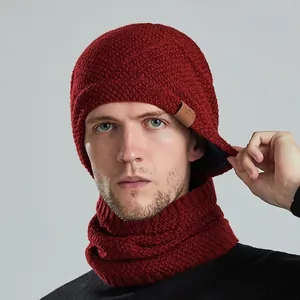 Men's winter knit beanie hat and neck warmer set with thick fleece lining in dark burgundy