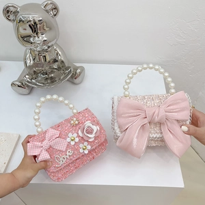 Sac À Épaule En Tweed Pour Filles Avec Poignée En Künstliche Perles Noeud Et Décor De Fleurs Style Princesse Sac À Main Pour Enfants