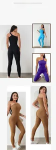 Detail of ribbed seamless one-shoulder yoga jumpsuit featuring stretchy athletic fabric