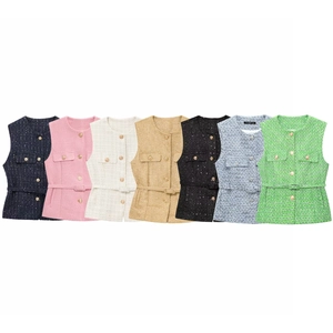 Women Elegant Tweed Vest With Belt Metallic Buttons Celebrity Style Round Neck Sleeveless Waistcoat Autumn Fashion Top