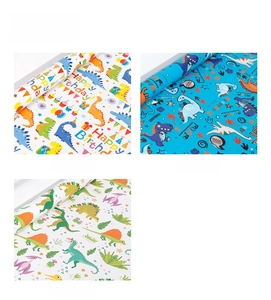 Three dinosaur themed gift wrapping paper designs featuring colorful cartoons and patterns