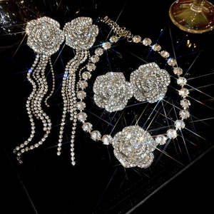 Sparkling silver flower jewelry set with crystal necklace and stud earrings on dark background