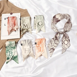 French Style Toile De Jouy Printed Narrow Long Polyester Scarf For Women Letter Pattern Satin Twilly Hair Band Bag Handle