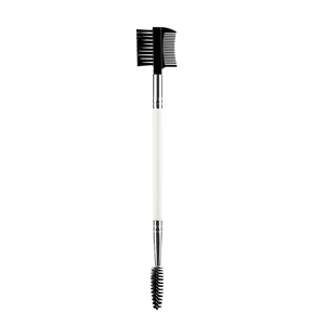 Dual-ended eyelash and eyebrow grooming brush with white wooden handle and metal ferrule