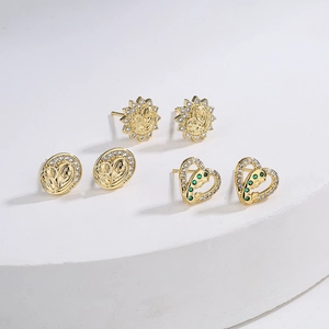 Virgin Mary Stud Earrings 18K Gold Plated Copper Micro Pave Zircon Geometric Heart Star Sunburst Vintage Jewelry Women