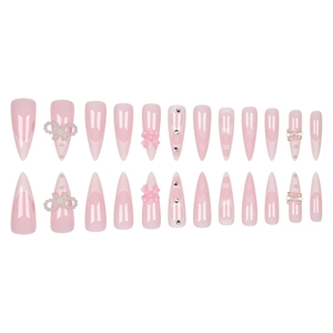 Pink French stiletto press-on nails set with pearls, rhinestones, and bowknot decorations