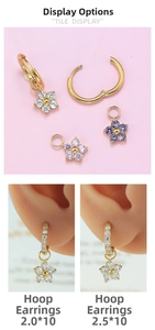 Macro shot of gold hoop earrings with removable plum zircon flower pendants in multiple colors