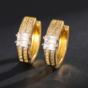 Fashion gold oval hoop earrings with double zircon accents and secure latch back closure