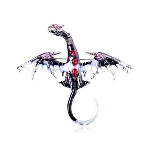 Broche dragon vintage en émail pour costumes avec finition noir blanc et strass rouges