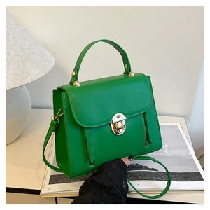 Detailed view of green leather texture and shiny gold buckle on a stylish square crossbody bag