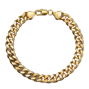 Polished golden stainless steel Cuban link bracelet in circular layout on white background