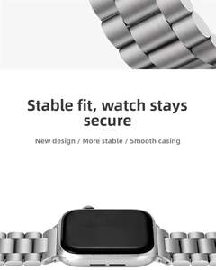Detail of silver stainless steel three-bead strap with brushed finish for smartwatches