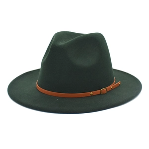 Close-up of dark green wool felt fedora hat featuring a brown leather belt with buckle