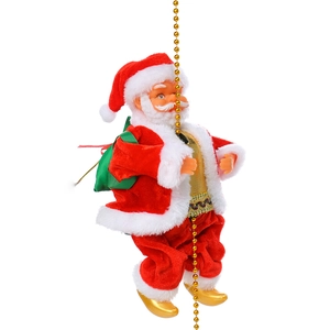 Detail of electric Santa Claus climbing a gold bead chain with a green gift bag