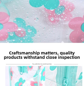 Close-up of waterproof transparent PVC toiletry bag with green floral patterns and water drops