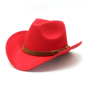 Red wool felt cowboy hat detail with brown leather strap and metal buckle closure