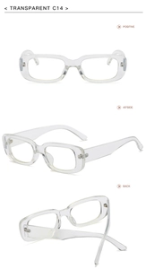 Multi-angle view of transparent small frame sunglasses showing front and side details