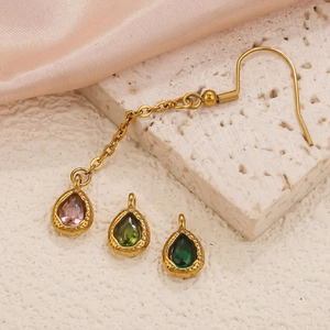 Waterdrop-shaped stainless steel pendant necklace with pink and green crystal stones
